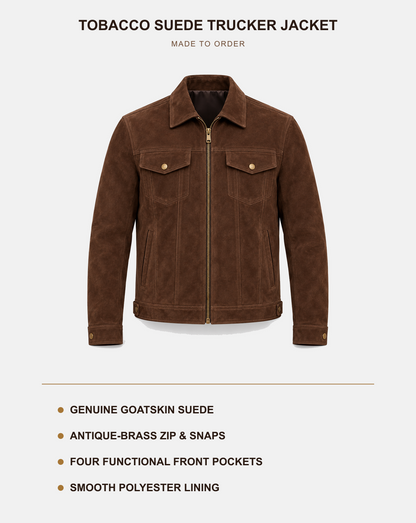 Men's goatskin suede trucker jacket features and material details