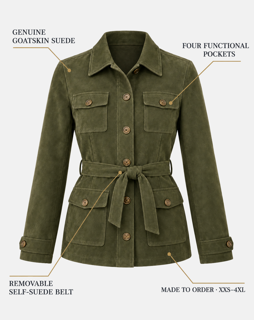 Women's goatskin suede safari jacket features and material details