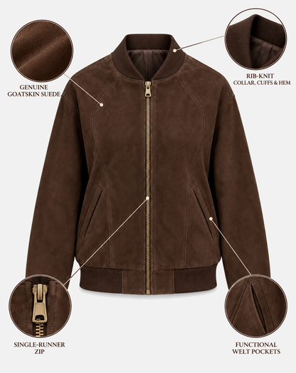Women's goatskin suede bomber jacket features and material details