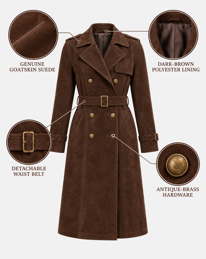 Women’s dark chocolate goatskin suede trench coat features and construction details