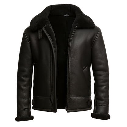 Men’s Black B3 Bomber Jacket: Real Sheepskin Leather Aviator with Faux Shearling