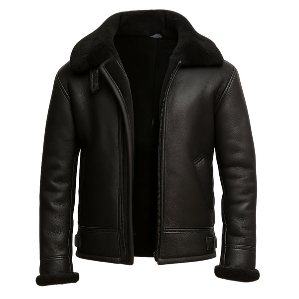 Men’s Black B3 Bomber Jacket: Real Sheepskin Leather Aviator with Faux Shearling