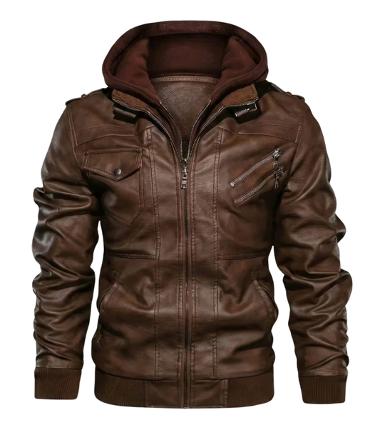 Men's Lambskin Leather Bomber Jacket | Removable Hood, Rib-Knit Cuffs, Multi-Pocket | Genuine Motorcycle Biker Jacket – Brown Black