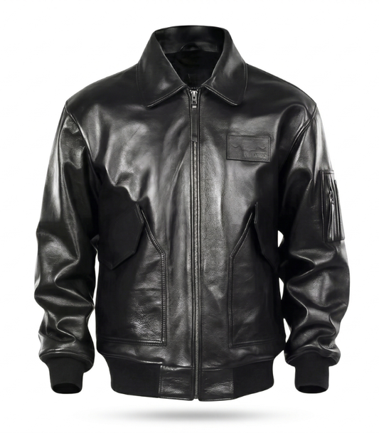 Men's Real Leather Biker Bomber Jacket — Genuine Cowhide Motorcycle Jacket | Shirt Collar, Arm Pocket, Black