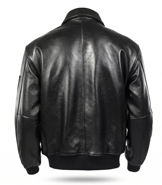 Men's Real Leather Biker Bomber Jacket — Genuine Cowhide Motorcycle Jacket | Shirt Collar, Arm Pocket, Black