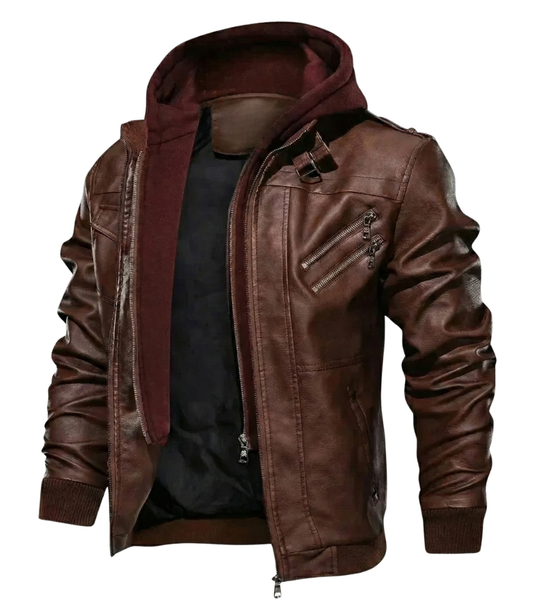 Men's Lambskin Leather Bomber Jacket | Removable Hood, Rib-Knit Cuffs, Multi-Pocket | Genuine Motorcycle Biker Jacket – Brown Black