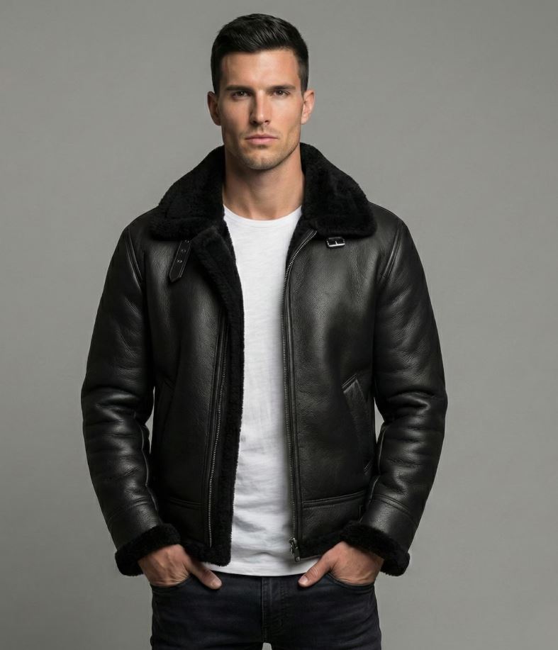 Men’s Black B3 Bomber Jacket: Real Sheepskin Leather Aviator with Faux Shearling