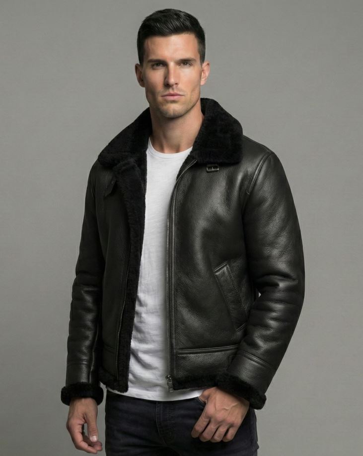 Men’s Black B3 Bomber Jacket: Real Sheepskin Leather Aviator with Faux Shearling