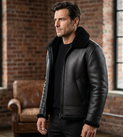 Men’s Black B3 Bomber Jacket: Real Sheepskin Leather Aviator with Faux Shearling