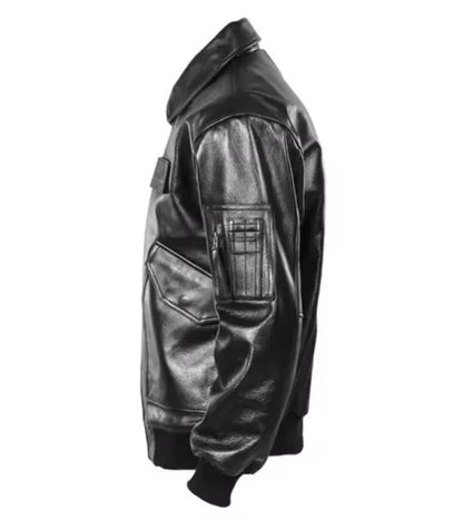 Men's Real Leather Biker Bomber Jacket — Genuine Cowhide Motorcycle Jacket | Shirt Collar, Arm Pocket, Black
