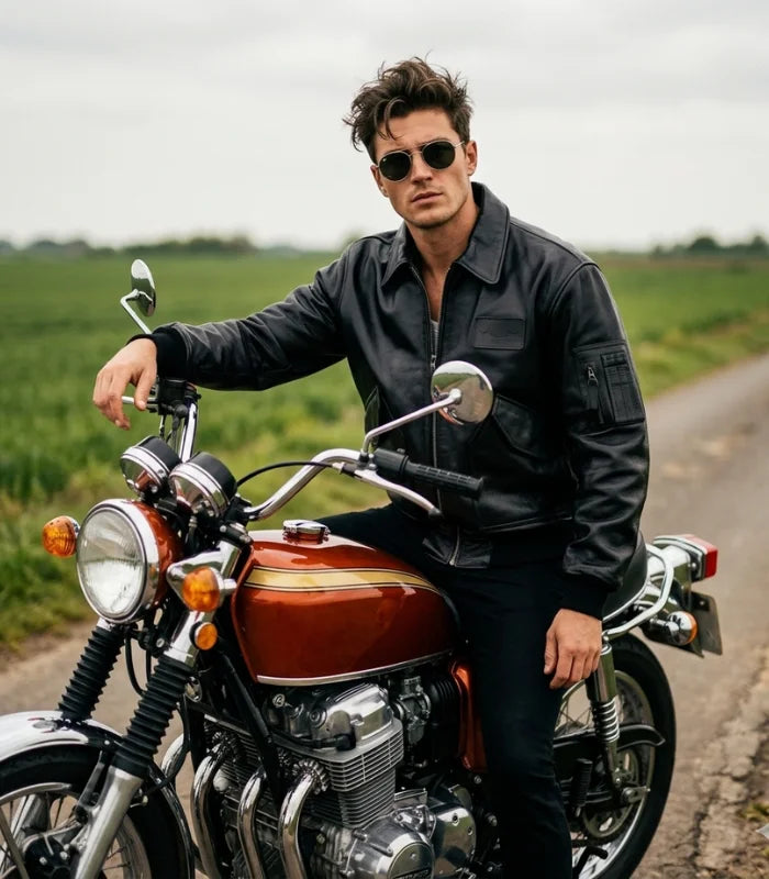 Men's Real Leather Biker Bomber Jacket — Genuine Cowhide Motorcycle Jacket | Shirt Collar, Arm Pocket, Black