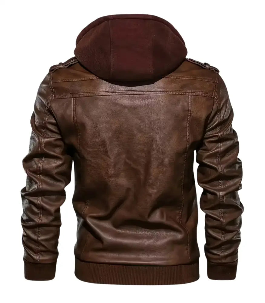 Men's Lambskin Leather Bomber Jacket | Removable Hood, Rib-Knit Cuffs, Multi-Pocket | Genuine Motorcycle Biker Jacket – Brown Black