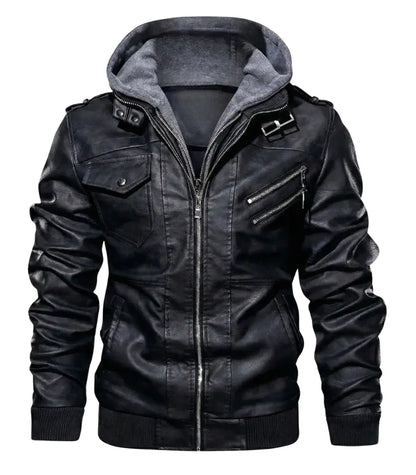 Men's Lambskin Leather Bomber Jacket | Removable Hood, Rib-Knit Cuffs, Multi-Pocket | Genuine Motorcycle Biker Jacket – Brown Black