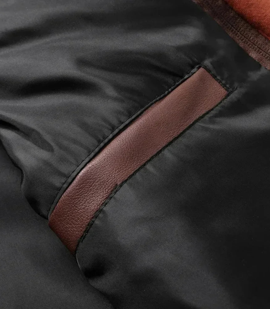 Men's Lambskin Leather Bomber Jacket | Removable Hood, Rib-Knit Cuffs, Multi-Pocket | Genuine Motorcycle Biker Jacket – Brown Black
