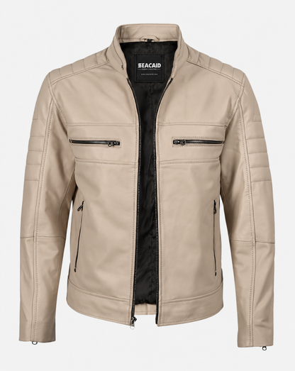 Beige Leather-Look Cafe Racer Jacket - front view