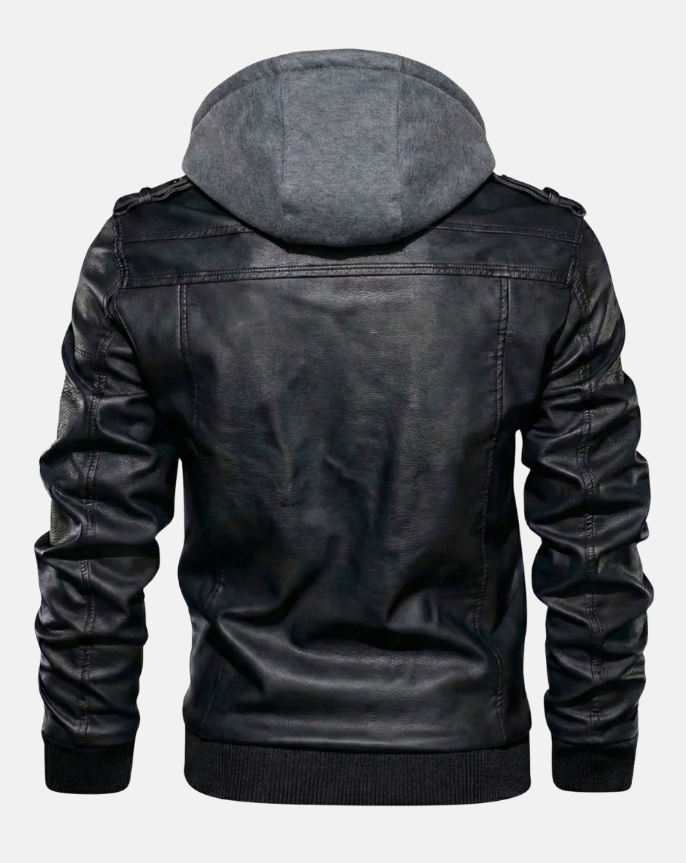 Black Leather-Look Bomber Jacket with Grey Hood - back view