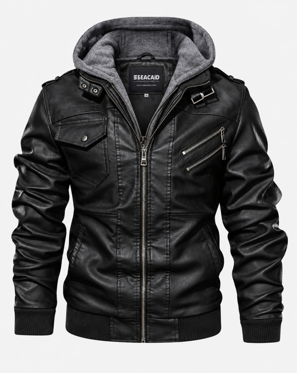 Black Leather-Look Bomber Jacket with Grey Hood - front view