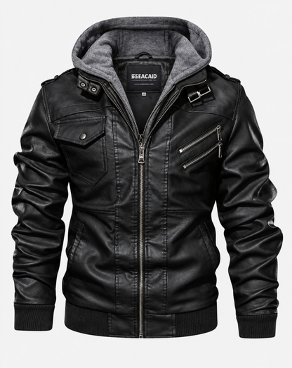 Black Leather-Look Bomber Jacket with Grey Hood - front view