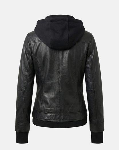 Black Hooded Leather-Look Trucker Jacket - back view