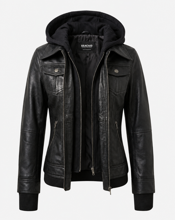Black Hooded Leather-Look Trucker Jacket