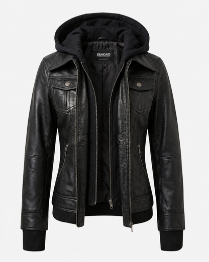 Black Hooded Leather-Look Trucker Jacket - front view