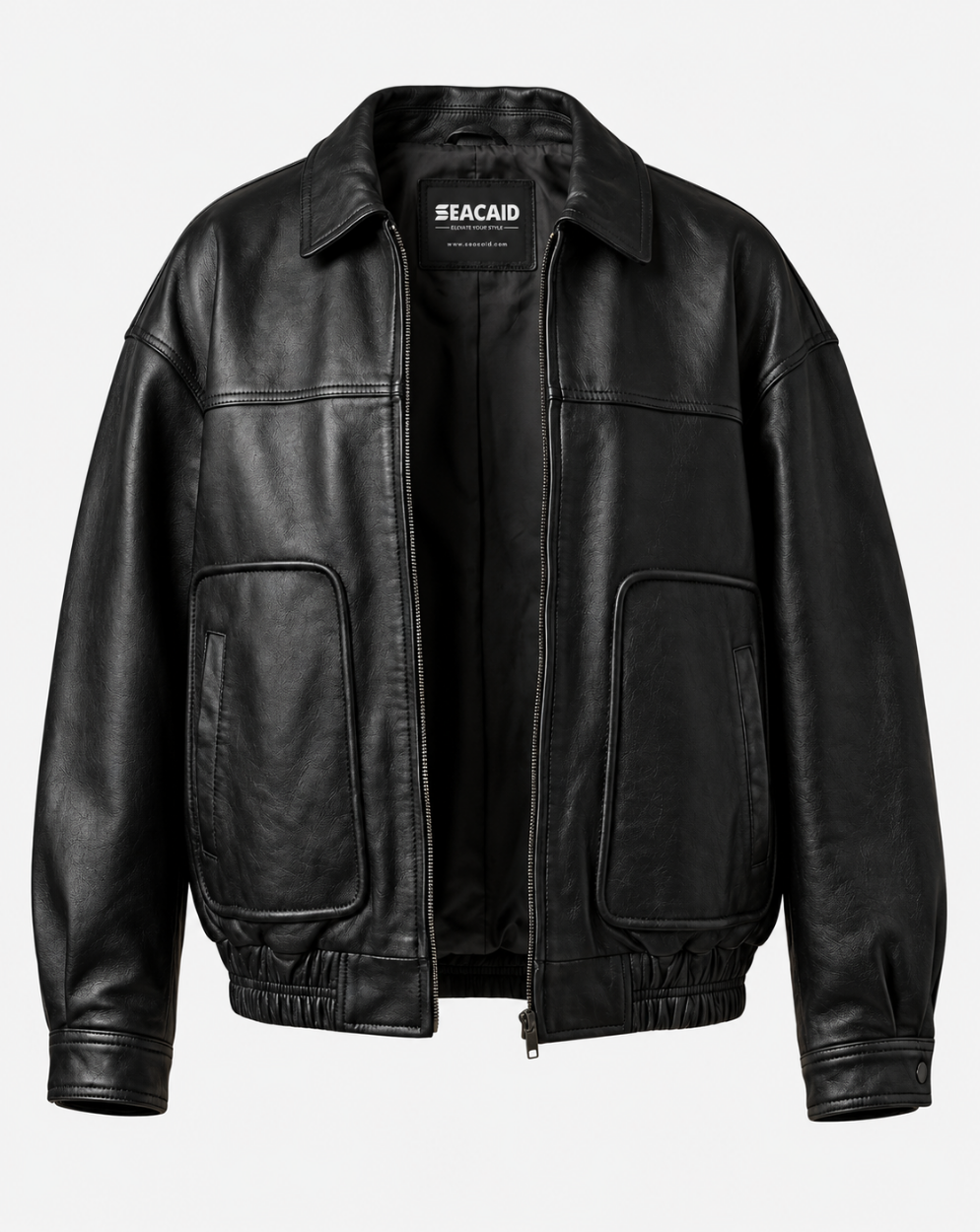 Black Patch-Pocket Leather-Look Jacket - front view