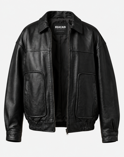 Black Patch-Pocket Leather-Look Jacket - front view