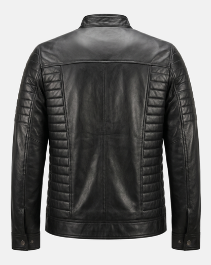 Black Quilted-Shoulder Leather-Look Racer Jacket - back view