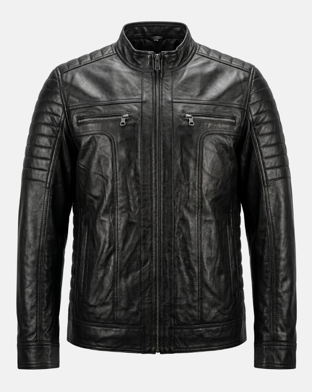 Black Quilted-Shoulder Leather-Look Racer Jacket - front view
