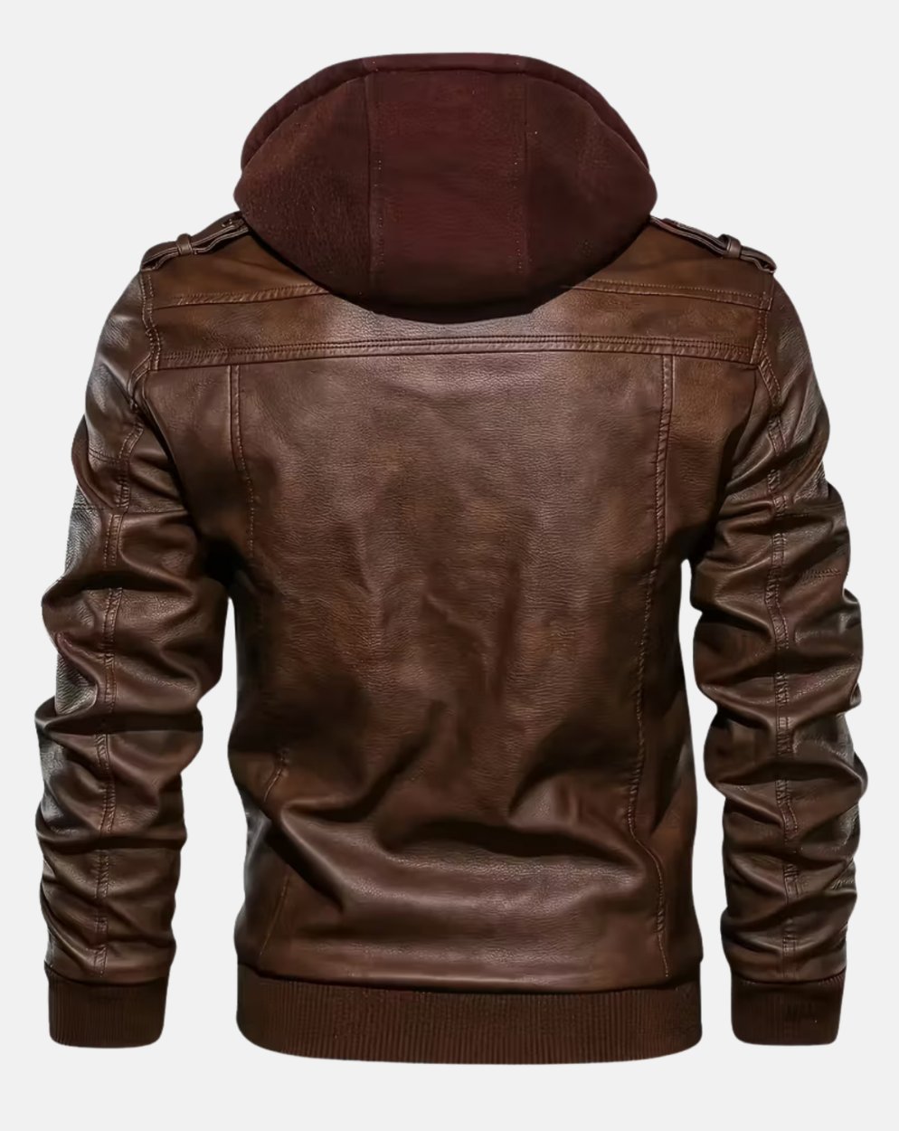 Brown Hooded Leather-Look Bomber Jacket - back view