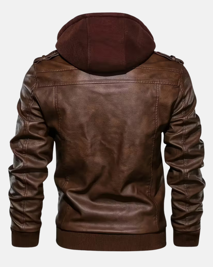 Brown Hooded Leather-Look Bomber Jacket - back view