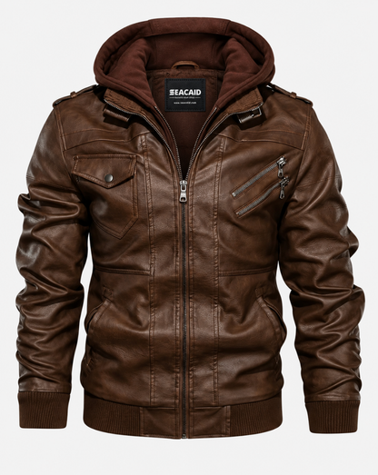 Brown Hooded Leather-Look Bomber Jacket - front view