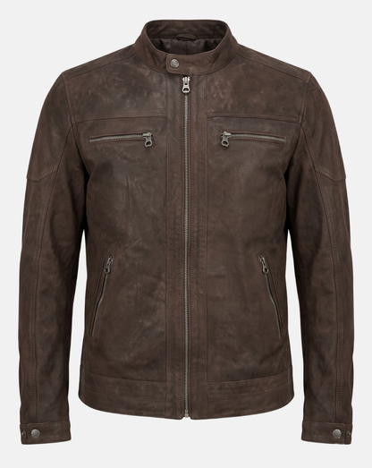 Brown Suede-Style Cafe Racer Jacket - front view