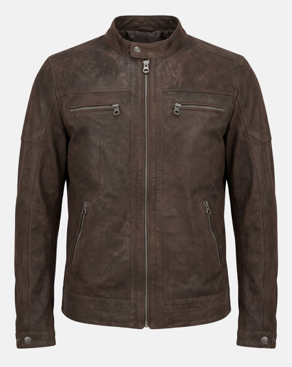 Brown Suede-Style Cafe Racer Jacket