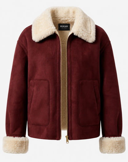Burgundy Aviator Jacket with Cream Trim - front view