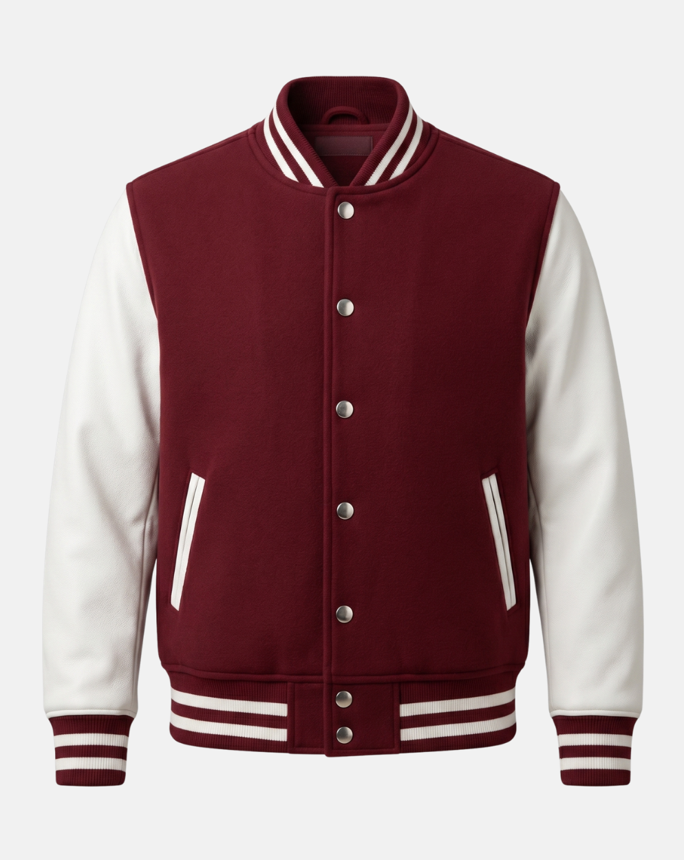 Burgundy and White Varsity Jacket - front view
