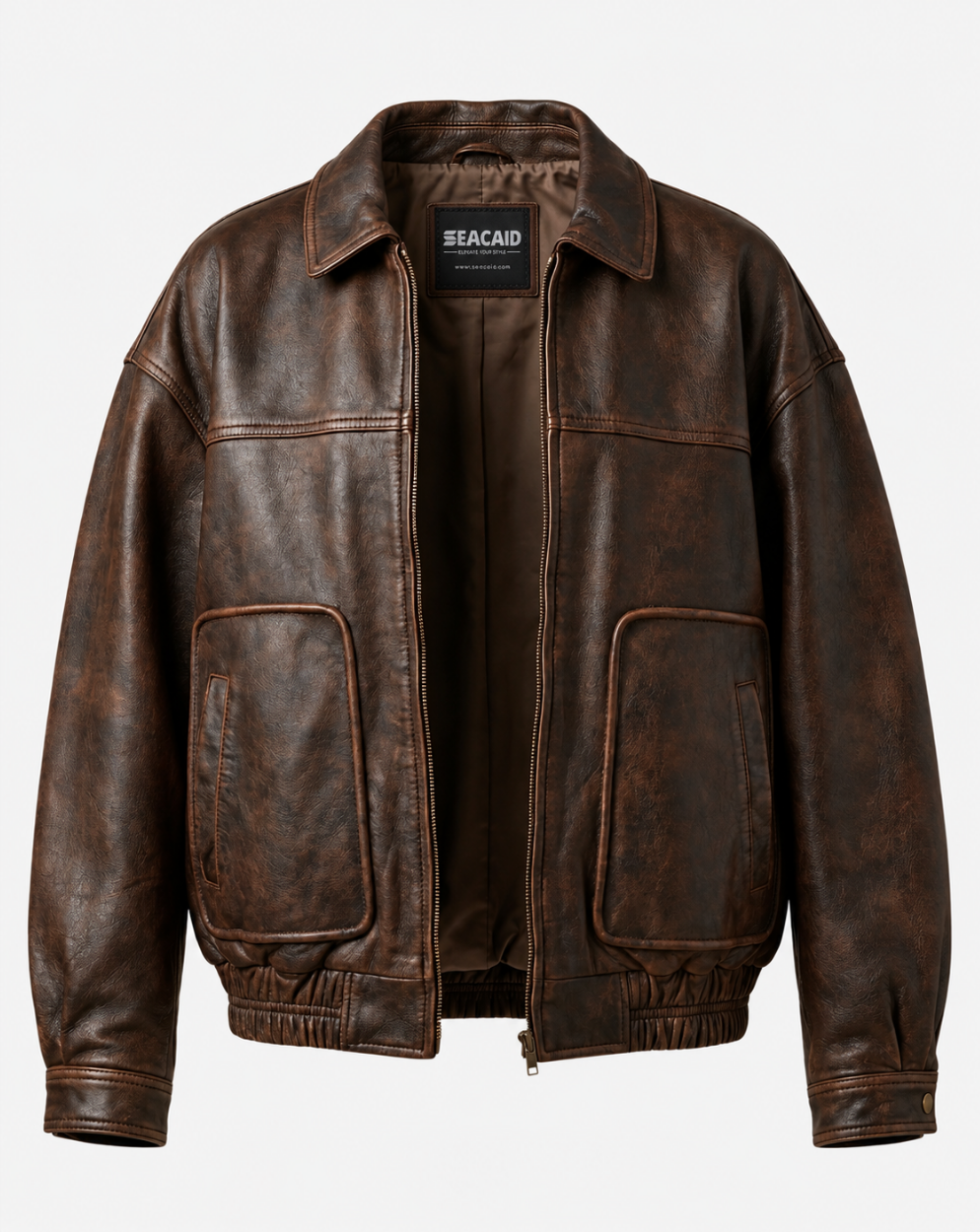 Dark Brown Patch-Pocket Leather-Look Jacket - front view