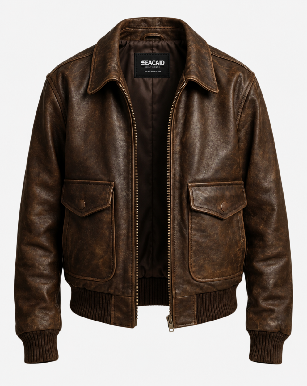 Distressed Brown Leather-Look Bomber Jacket - front view