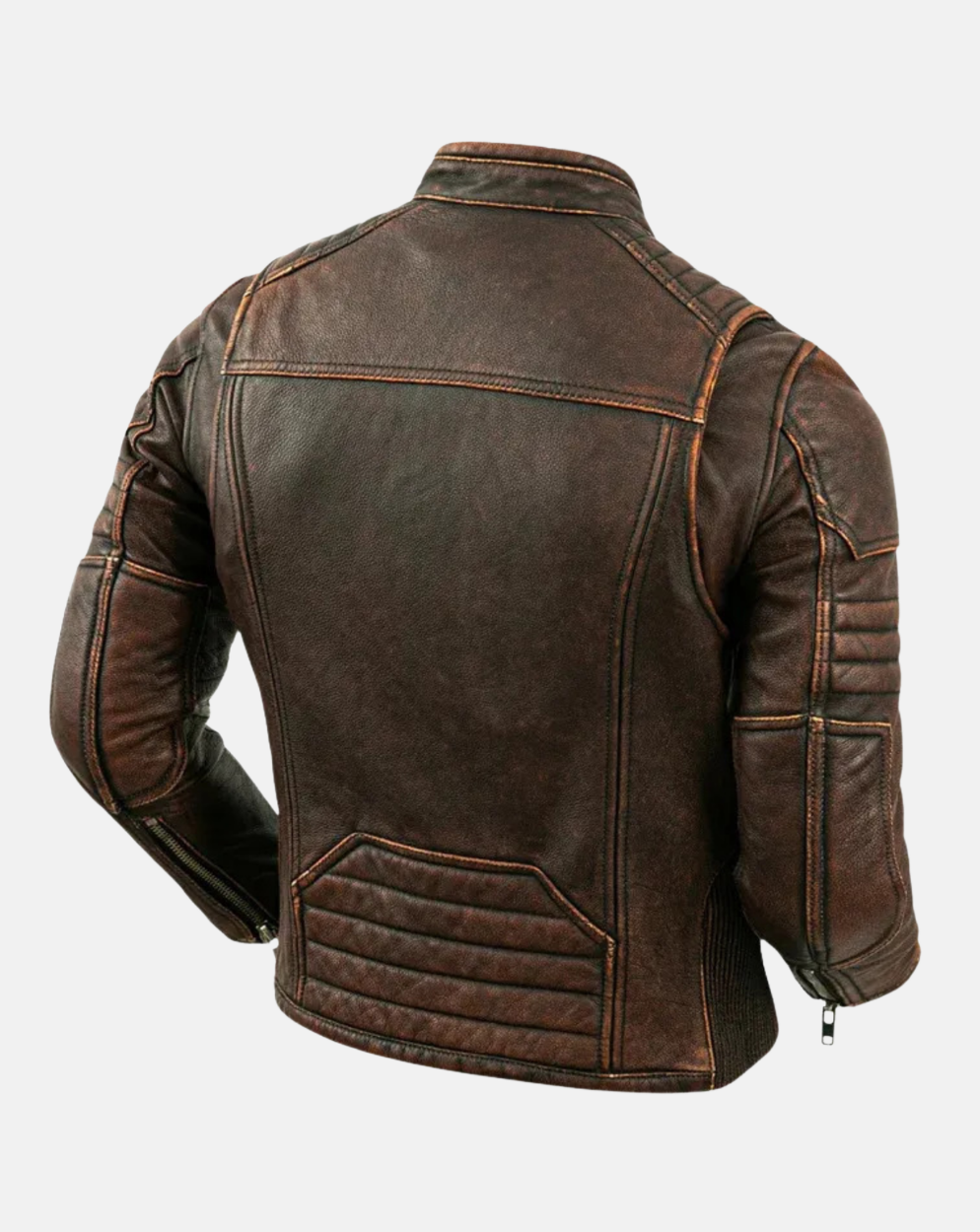 Distressed Brown Padded-Detail Leather-Look Racer Jacket - back view