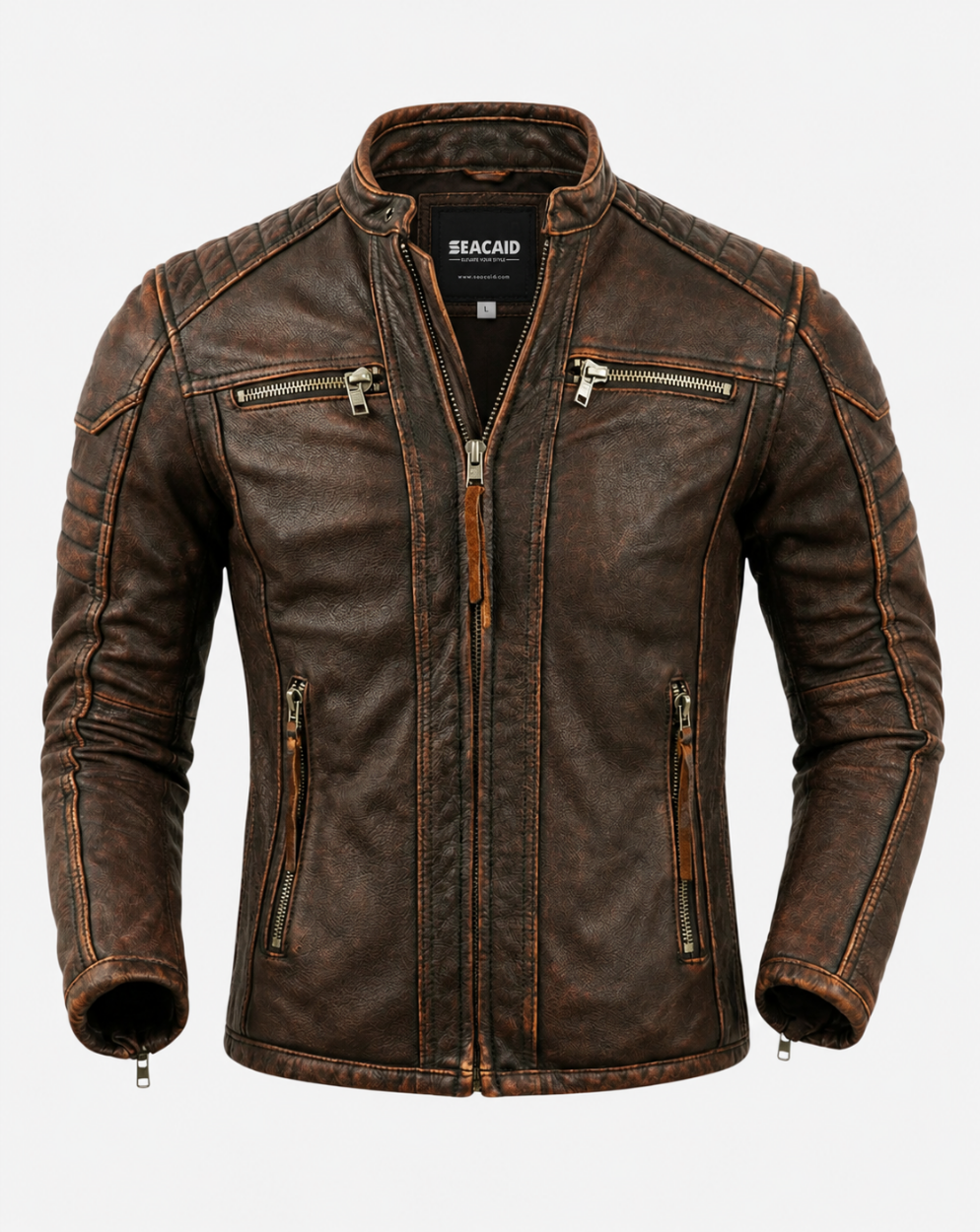 Distressed Brown Padded-Detail Leather-Look Racer Jacket - front view