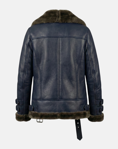 Navy Belted Aviator Jacket with Brown Trim - back view