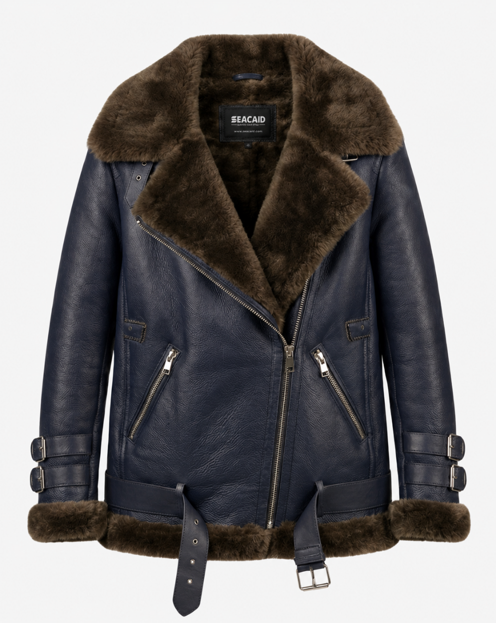 Navy Belted Aviator Jacket with Brown Trim - front view