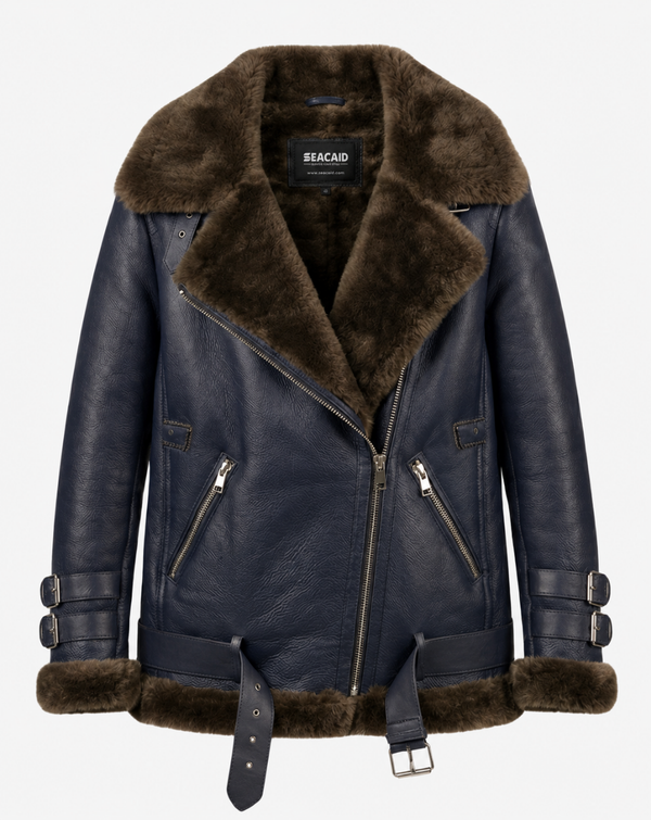Navy Belted Aviator Jacket with Brown Trim