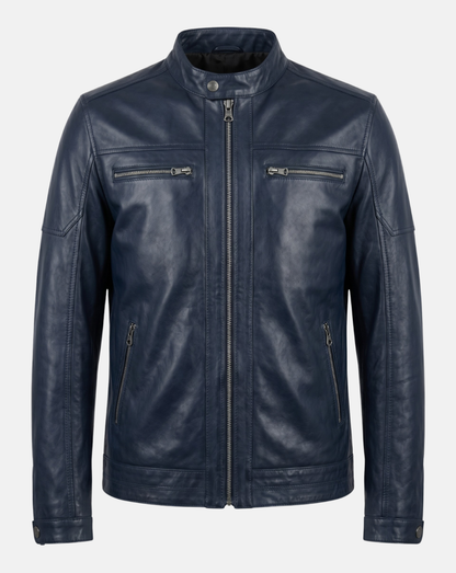 Navy Leather-Look Cafe Racer Jacket - front view