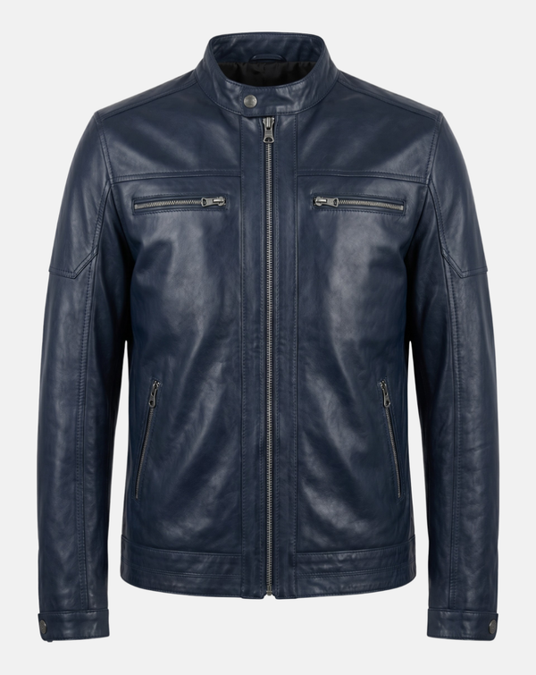 Navy Leather-Look Cafe Racer Jacket