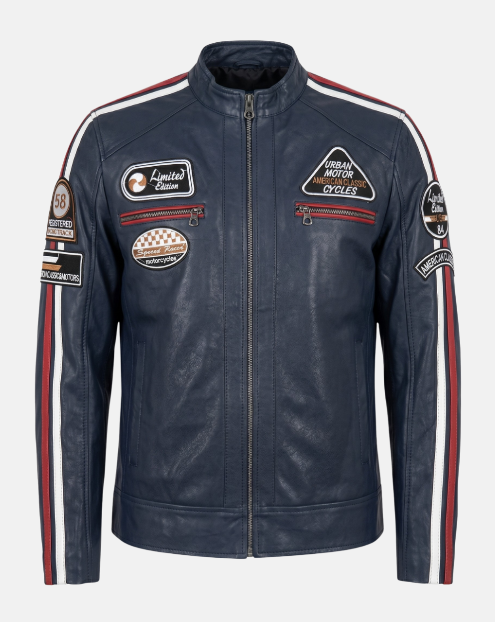 Navy Striped Racing Jacket with Patches - front view