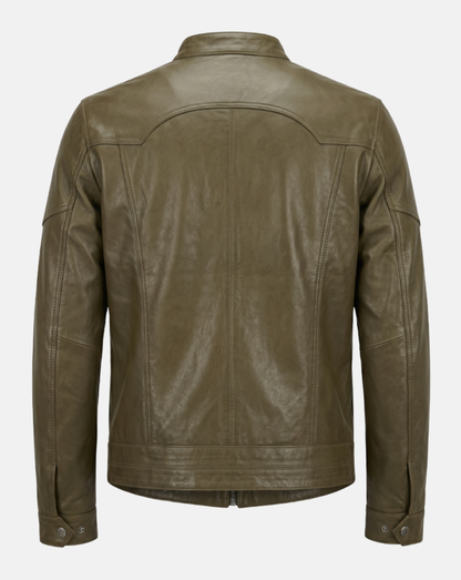 Olive Green Leather-Look Cafe Racer Jacket - back view