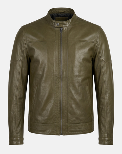 Olive Green Leather-Look Cafe Racer Jacket - front view