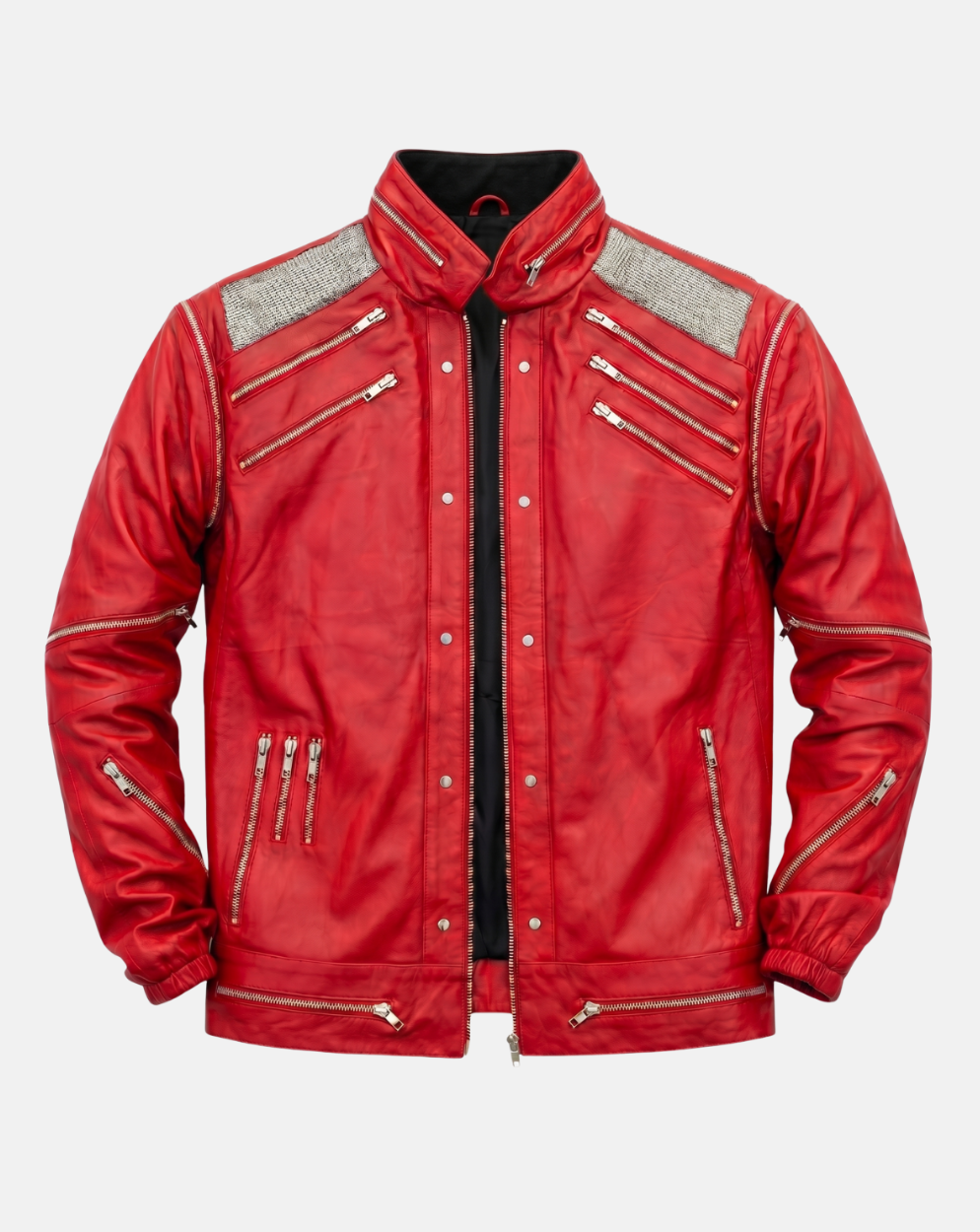 Red Leather-Look Racer Jacket with Grey Panels - front view