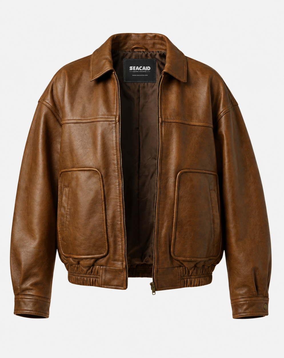 Tan Brown Patch-Pocket Leather-Look Jacket - front view